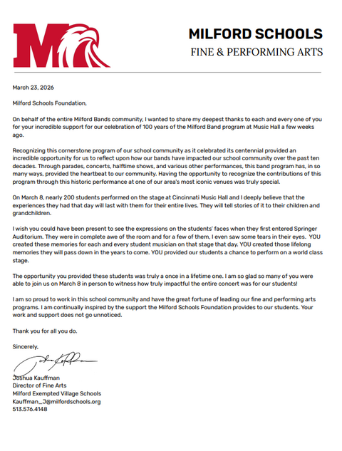Milford Schools Foundation thank you letter from the Fine & Performing Arts